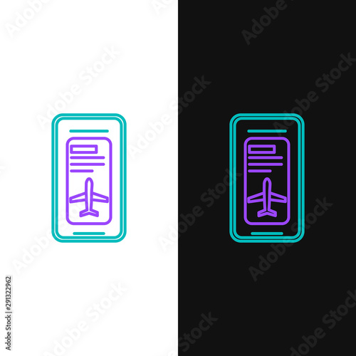 Green and purple line Smartphone with electronic boarding pass airline ticket icon isolated on white and black background. Passenger plane mobile ticket for web and app. Vector Illustration