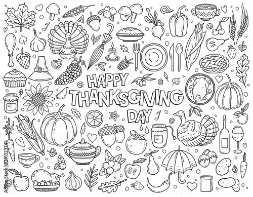 Hand drawn doodle set of Thanksgiving. Various symbols and objects: pumpkin, turkey, pie, corn and etc. Holiday illustration for postcard, banner, greeting card, poster. Vector coloring illustration.