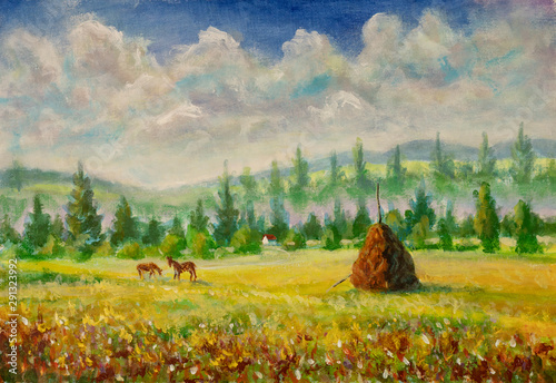 Countryside painting with horses and haystack