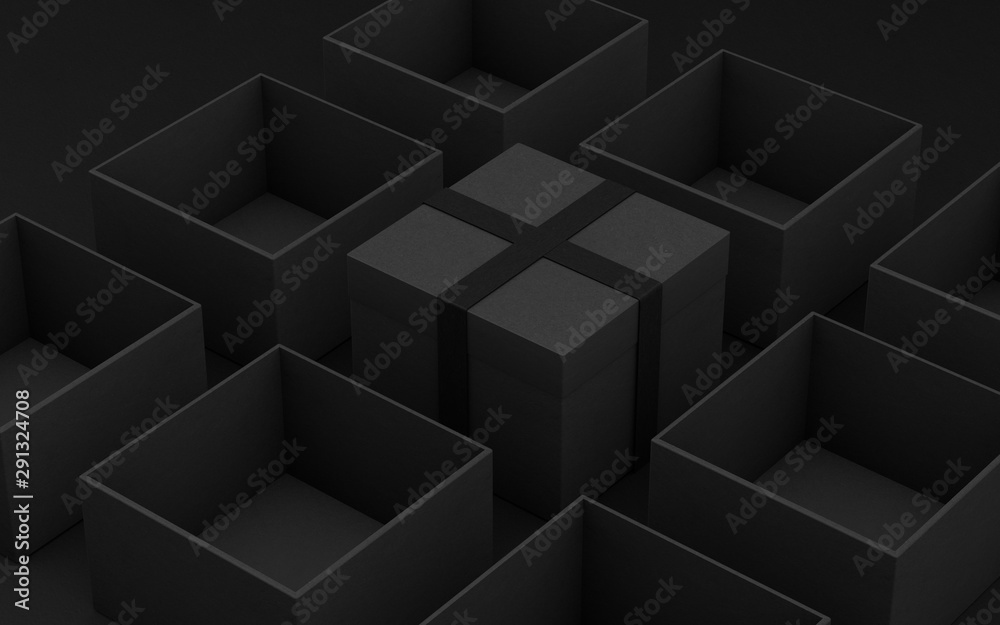 Gift boxes wrapped in black paper with black ribbon. Top view. 3d render illustration Gift boxes wrapped in black paper with black ribbon. Top view. 3d render illustration