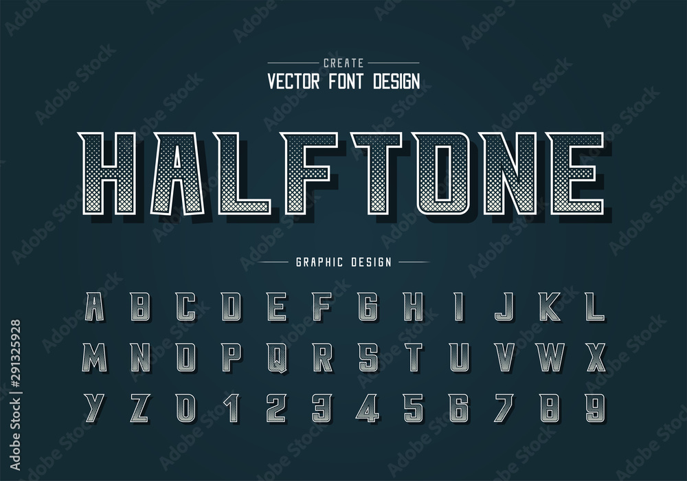 Halftone square font and alphabet vector, Digital bold modern typeface and letter number design