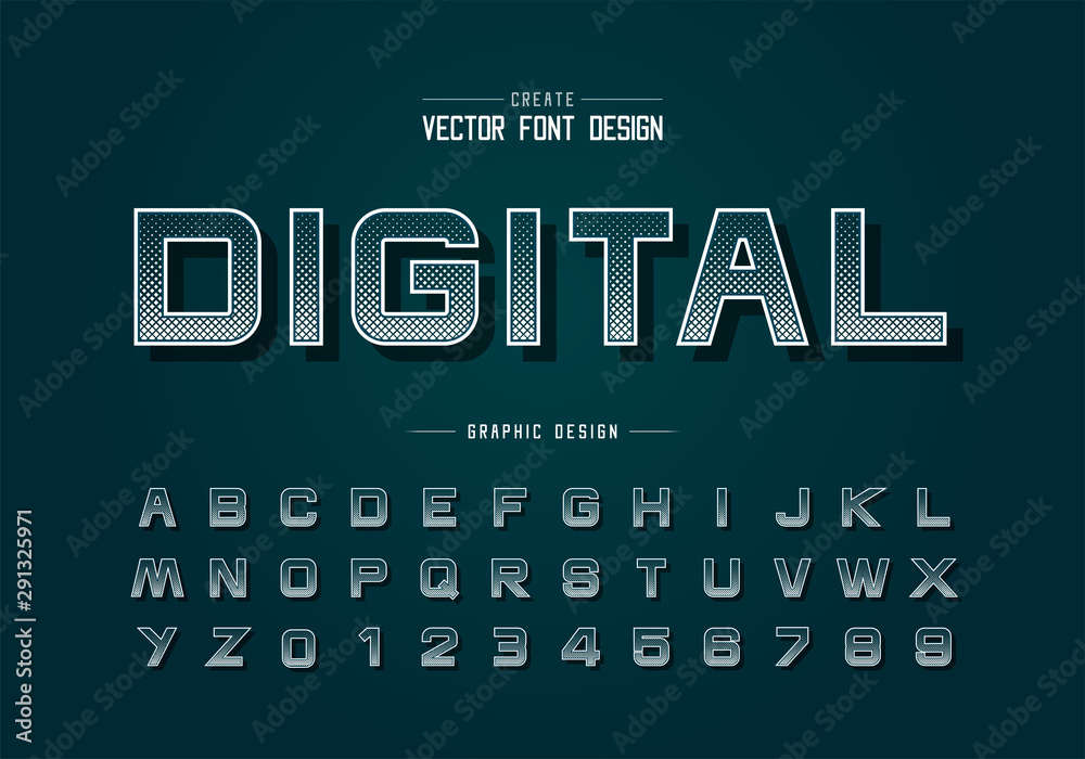 Halftone square font and alphabet vector, Digital design typeface letter and number