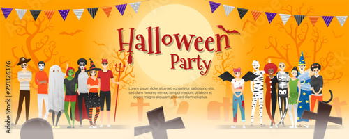 Happy Halloween party , group of teens in Halloween costume concept standing together on graveyard background , vector, illustration