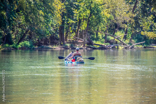 Man and blue heeler dog floating-paddling river together on paddleboard with bokeh forest in background - tranquil scene photo