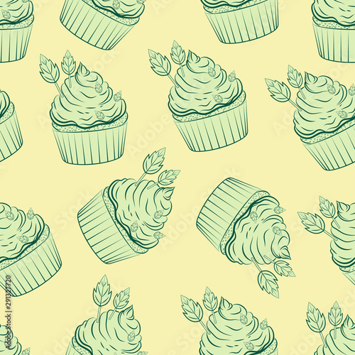 Mint Cupcake. Seamless pattern. On a cream-colored background, cupcake and mint leaves are the color of olives. Color image. Vector illustration.