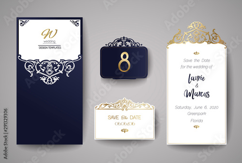 Wedding invitation or greeting card with gold floral ornament. Wedding invitation envelope for laser cutting. Vector illustration.