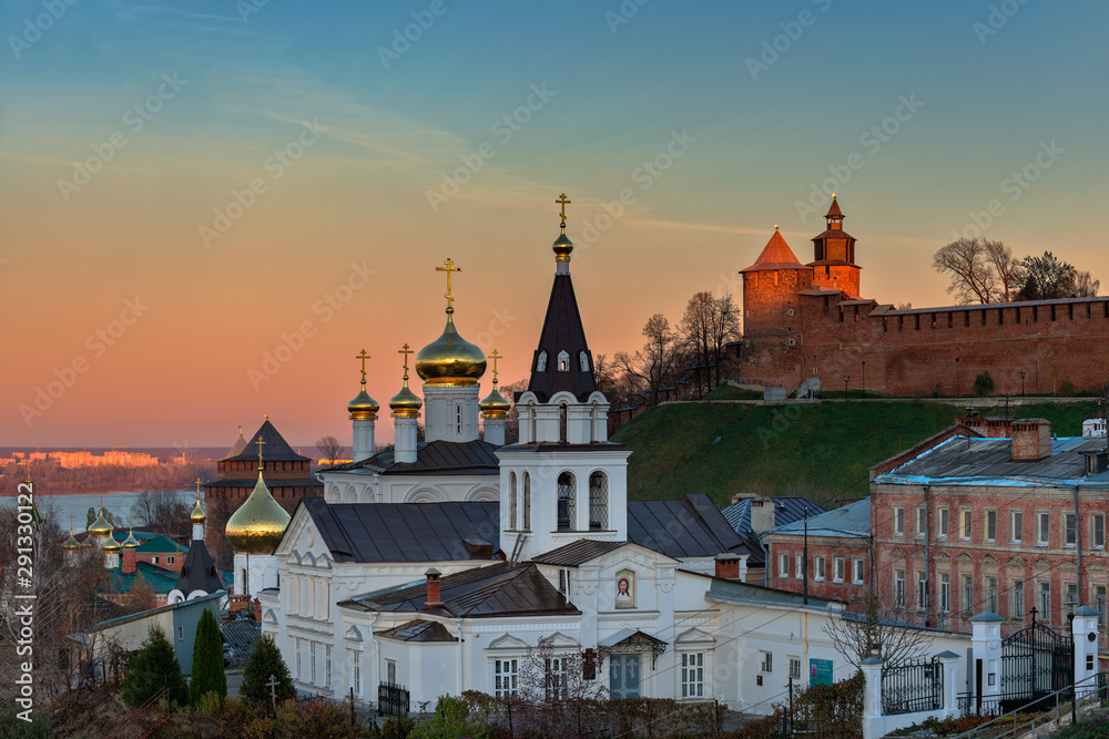 Cityscape of Nizhny Novgorod town in sunset light. Russia