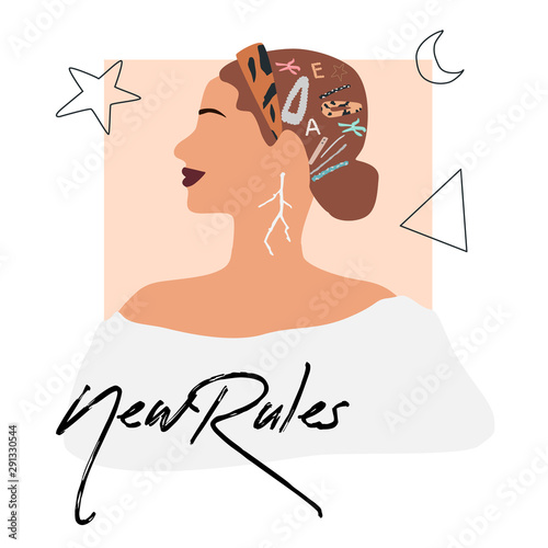 Fashion girl profile portrait  with trendy hairstyle and hair band. Stylish geometric hairpins and hair clips . New rules text. Vector illustration for print, t-shirt design, poster, banner, tote bag