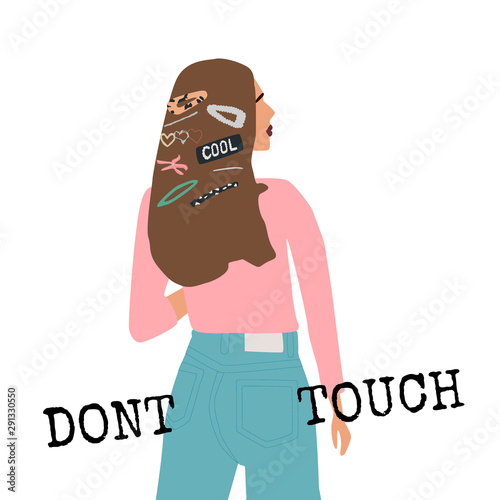 Fashion girl with denim jeans and trendy hairstyle. Stylish geometric hairpins and hair clips with pearls on hair. Dont touch text. Vector illustration for print, t-shirt design, poster, 