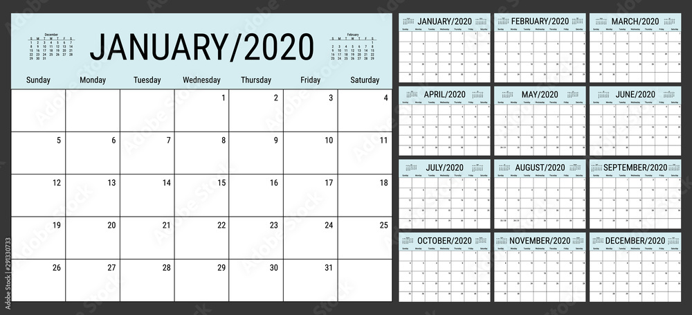 Calendar 2020 planner template. Set of 12 Months. Week starts from sunday. Vector illustration Calendar 2020 planner template. Set of 12 Months. Week starts from sunday. Vector illustration