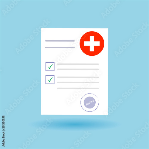 Medical form list with results data and approved check mark vector illustration, flat cartoon clinical checklist document with checkbox
