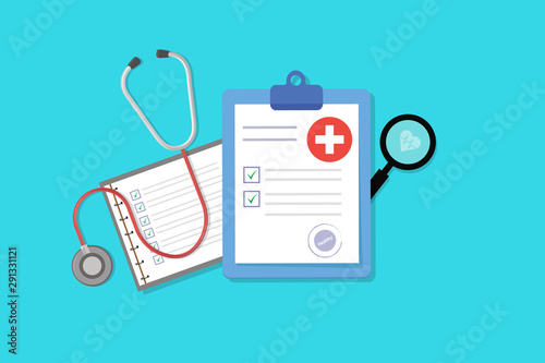 Medical form list with results data and approved check mark vector illustration, flat cartoon clinical checklist document with checkbox