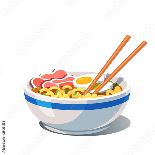 Tonkotsu ramen soup bowl, noodles and chopsticks