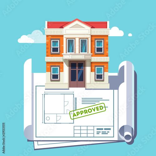 Architect floor plan blueprint of georgian architecture style building. Approved house plan stamp