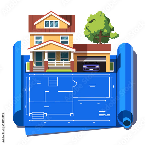Architect floor plan blueprint of classical architecture style mansion building. House plan with car garage