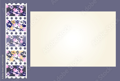 set of personally flower postage stamps next to empty envelope isolated on violet background