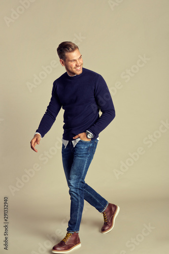 Handsome Charming Fashionable Young Adult Man with Blue Chic Elegant Autumn - Winter Outfits
