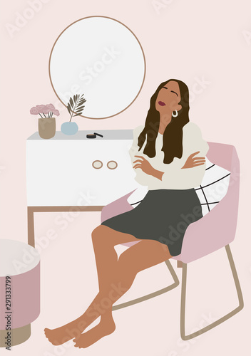 Abstract contemporary composition with trendy woman in the living room . Modern interior in Scandinavian or minimalist style. Vector illustration for interior, print, card, wallpaper, decoration