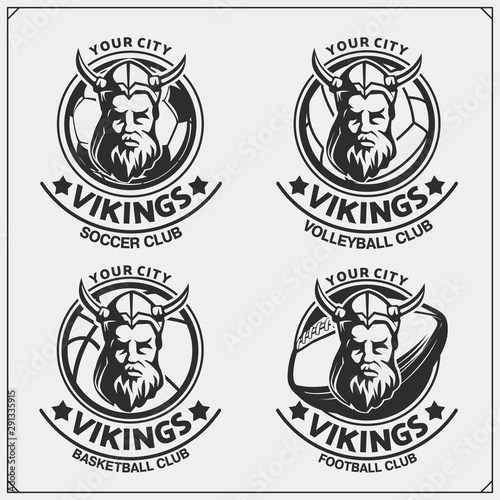 Volleyball, baseball, soccer and football logos and labels. Sport club emblems with viking. Print design for t-shirt.