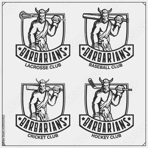 Cricket, baseball, lacrosse and hockey logos and labels. Sport club emblems with barbarian. Print design for t-shirt.
