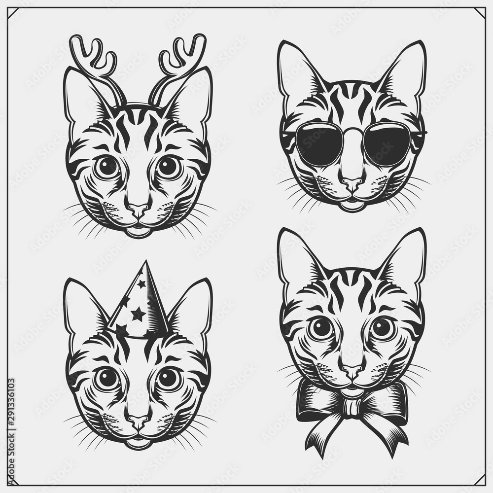 Cute holiday cats collection. Greeting card design, print design for t-shirt, template for pet shop logo.