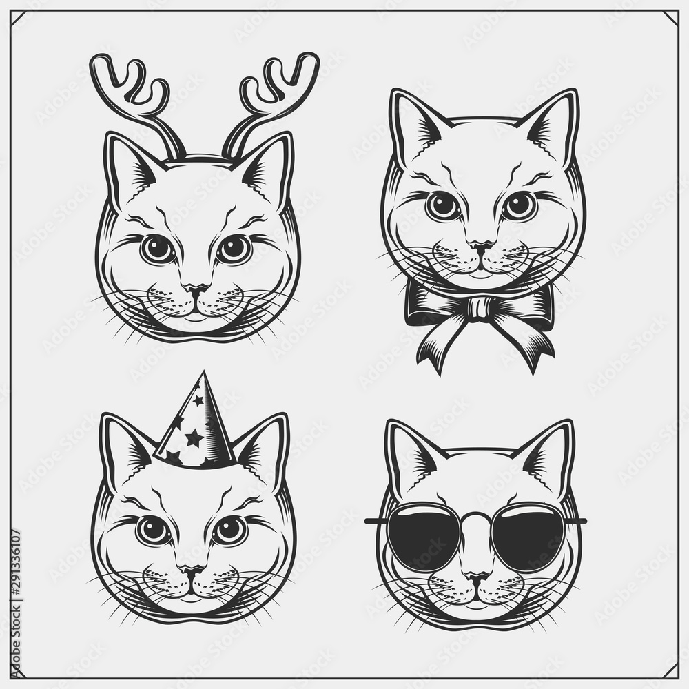 Cute holiday cats collection. Greeting card design, print design for t-shirt, template for pet shop logo.