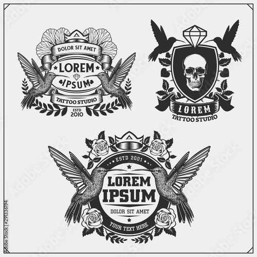 Emblems with colibri, roses and skull. Vector set of tattoo salon labels and design elements.