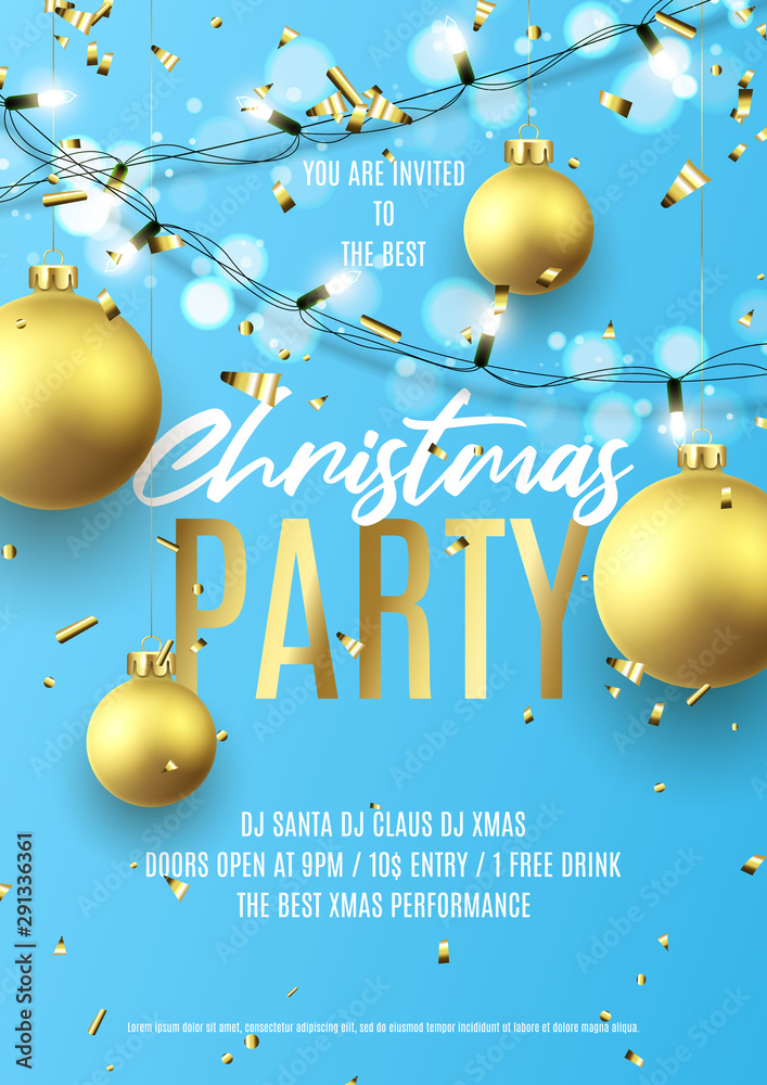 Merry Christmas party flyer invite. Holiday poster with realistic ...