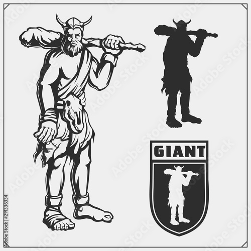Ancient giant with a mace. Sport club emblems and print design for t-shirt.