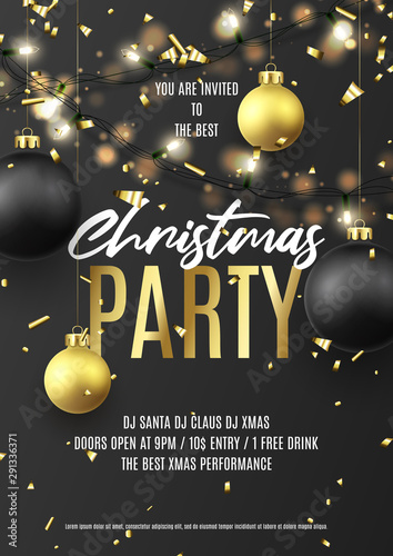 Merry Christmas party poster. Holiday flyer with realistic Christmas black and golden balls, golden confetti and sparkling light garlands. Vector illustration. Invitation to night club party.