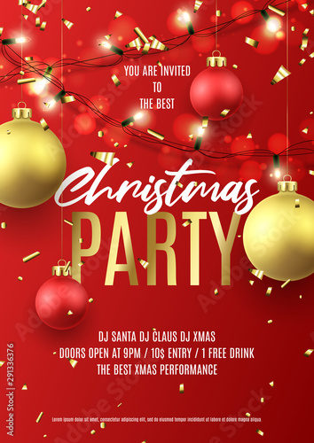 Merry Christmas party flyer. Holiday poster with realistic Christmas red and golden balls, golden confetti and sparkling light garlands. Vector illustration. Invitation to night club party.