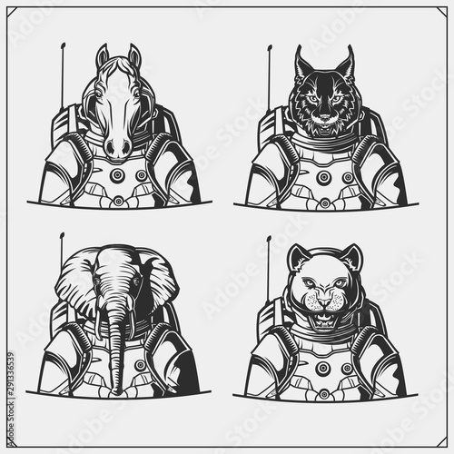 Space and astronaut emblems, labels and design elements. Horse, elephant, bobcat and puma in a space suit. Print design for t-shirt. Monochrome design.