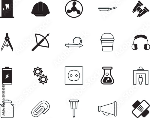 equipment vector icon set such as: battery, country, noise, cooperation, domestic, binocular, template, announcement, fun, icons, alert, reaction, compass, wear, fry, surveillance, gadget, barber