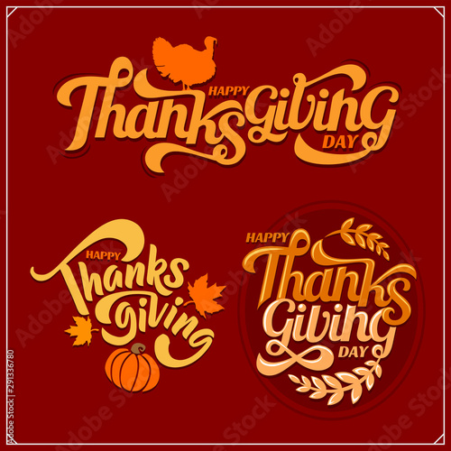Set of Thanksgiving Day emblems, labels and design elements for greeting cards. Vintage style.