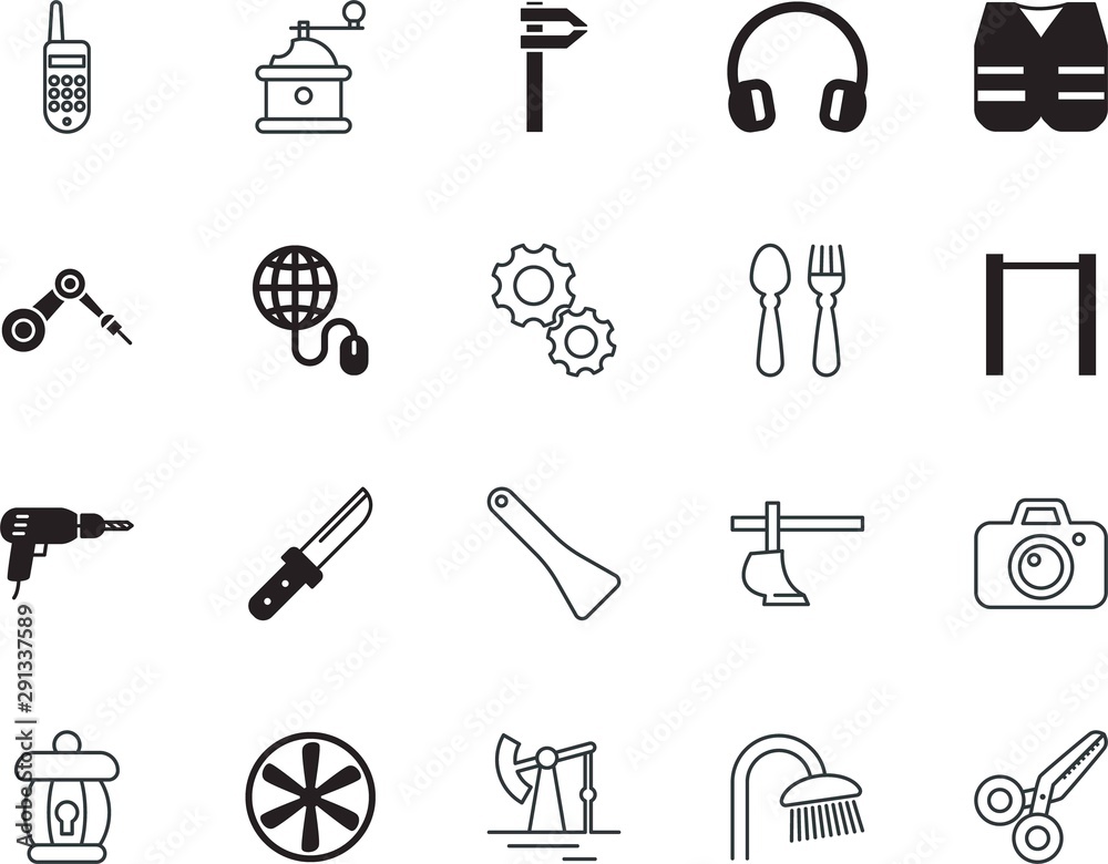 Fototapeta premium equipment vector icon set such as: weight, barbell, stainless, precision, computer, vintage, drilling, button, workout, dj, metric, cooperation, table, mill, click, photocamera, diner, propeller