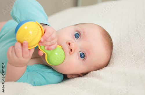 Close up portrait of 6 Month Old Cute Baby Girl, Infant with big blue eyes, New family concept, The most Beautiful Baby Princesse, Happy Baby Girl