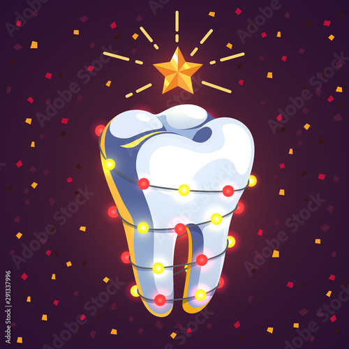 New Year themed tooth decorated with garland