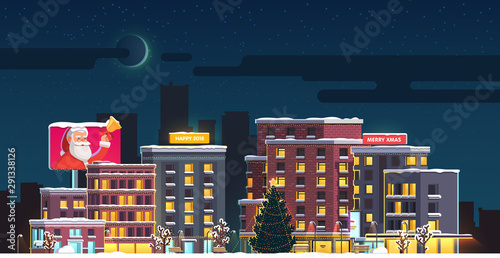 Merry Christmas night small town decorated square