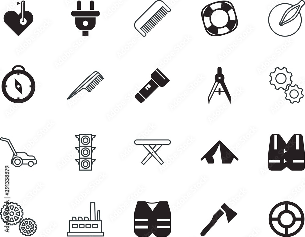 equipment vector icon set such as: passion, tweezer, shine, wear, team, cutter, dark, adapter, eyebrow, office, medical, firefighter, camp, security, textile, removal, student, stoplight, lunch, ppe