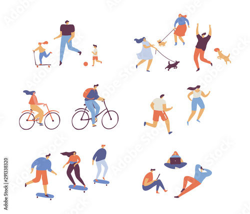 Summer Outdoor activities - walking with dog, cycling, skateboarding, jogging, picnic. Crowd of people. Various People vector set. Male and female flat characters isolated on white background. 