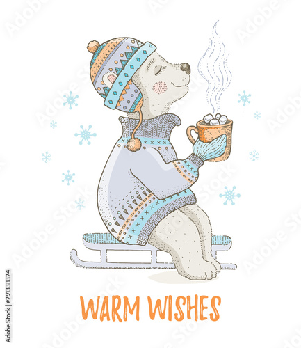 Cute Christmas bear animal, polar teddy. Merry Xmas cartoon woodland icon. Happy winter character. For girl t-shirt fashion print, poster design, card. Hand drawn symbol vector illustration isolated
