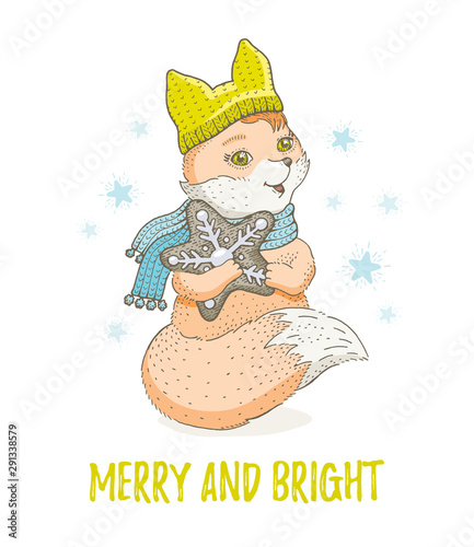 Cute Christmas animal, forest fox. Merry Xmas cartoon woodland foxy icon. Happy winter character. For girl t-shirt fashion print, poster design, card. Hand drawn symbol, vector illustration isolated