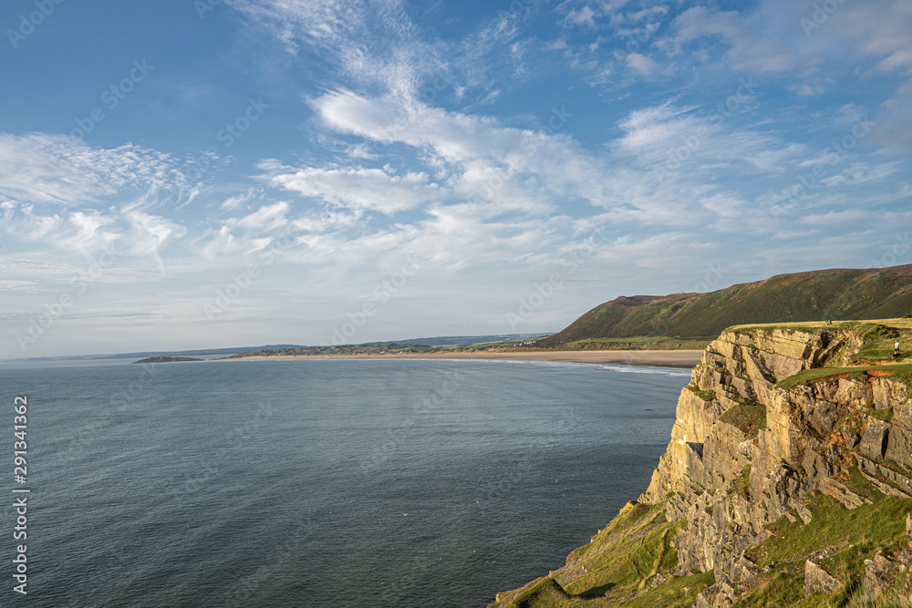beach at Rhossili bay from a high cliff.