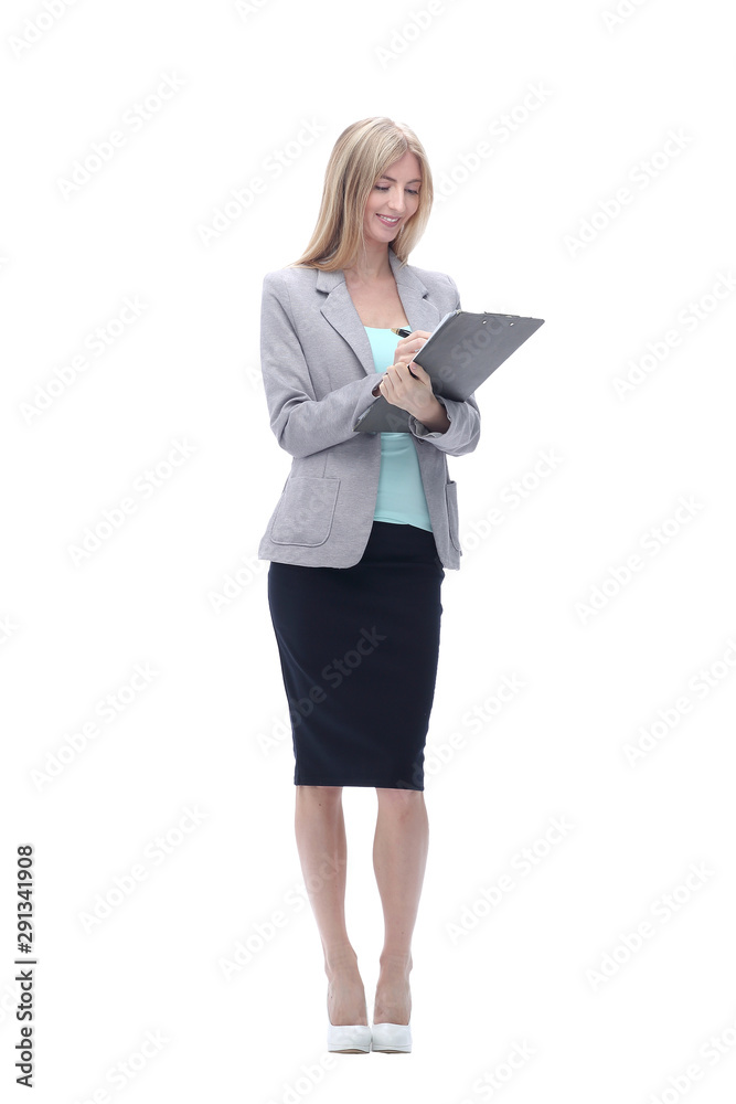 Executive business woman with clipboard .isolated on white Executive business woman with clipboard .isolated on white