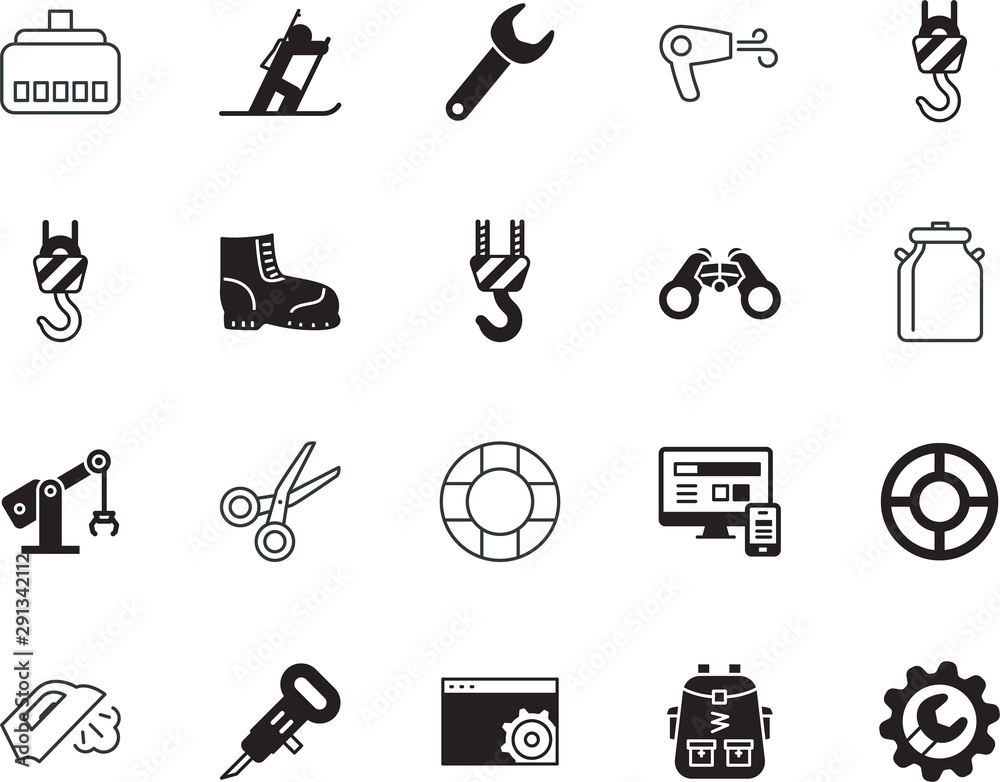 Obraz premium equipment vector icon set such as: shooting, phone, maintenance, float, minimal, boots, lan, haircut, instrument, warm, robotics, logo, journey, builder, game, page, optical, communication, universal