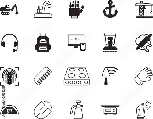 equipment vector icon set such as: nobody, retro, robot, accessories, gloves, builder, housekeeping, pack, linear, burner, bulldozer, polarity, concept, village, stove, field, energy, tent, mini