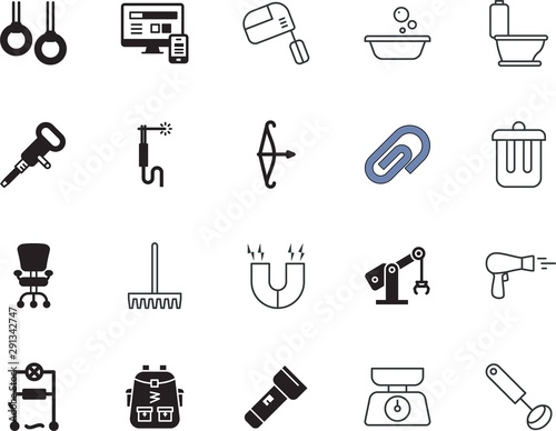 equipment vector icon set such as: weld, diet, attach, sanitary, furniture, glass, waste, flush, smartphone, email, basket, cook, measure, harrow, measurement, switch, field, machinery, automatic