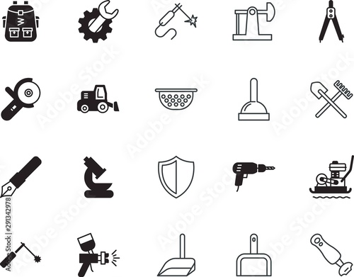 equipment vector icon set such as: style, eating, life, pollution, oil, drainer, compass, digger, tube, wrench, drafting, back, guard, pack, manufacture, auto, write, luggage, fork, test, macro