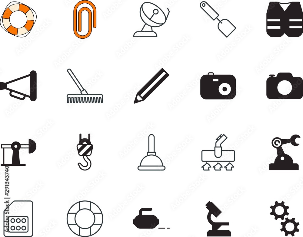 Fototapeta premium equipment vector icon set such as: wc, clip, chemistry, hook, soil, remove, petroleum, drop, pencil, domestic, scientist, rake, device, chip, wire, farm, megaphone, rolling, document, plunger