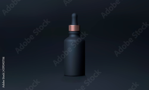 Elegant cosmetic dropper for skin care on black background. Realistic vector 3d white and gold matte cosmetic dropper mock up. Beautiful cosmetic template for ads. Makeup products brand.